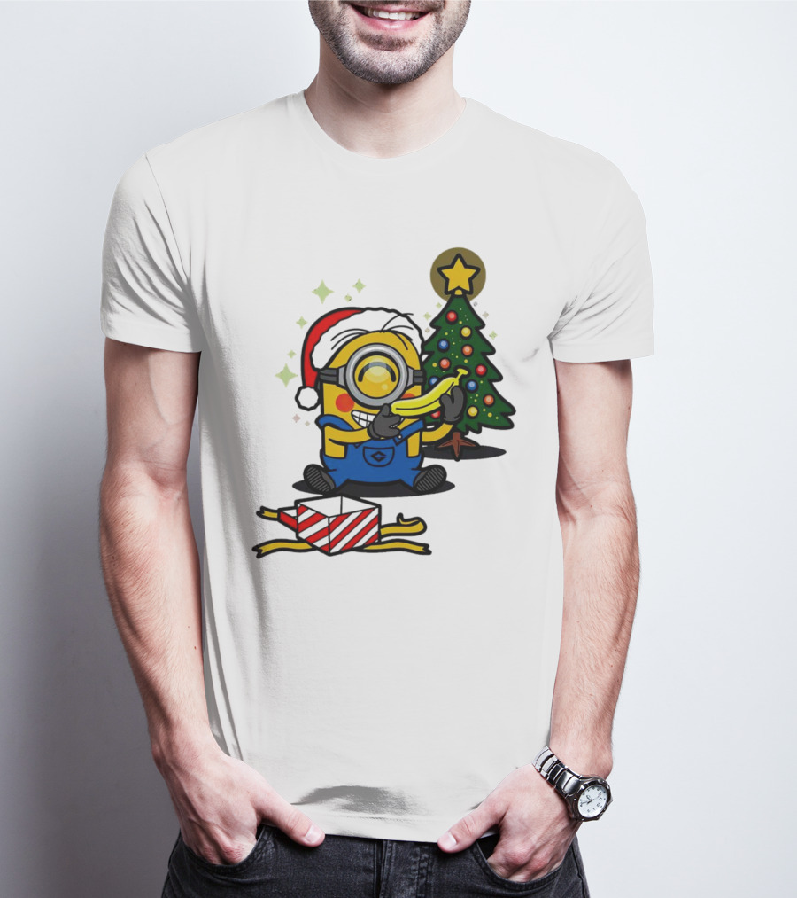 Minion Santa Hat With Banana Christmas Tree And Gift Box T-Shirt
