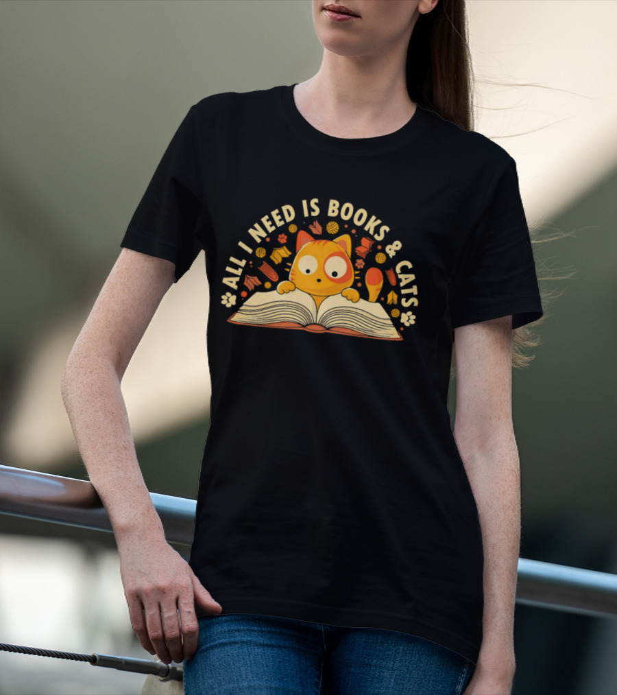 All I Need Is Books And Cats With Curious Feline And Open Book T-Shirt