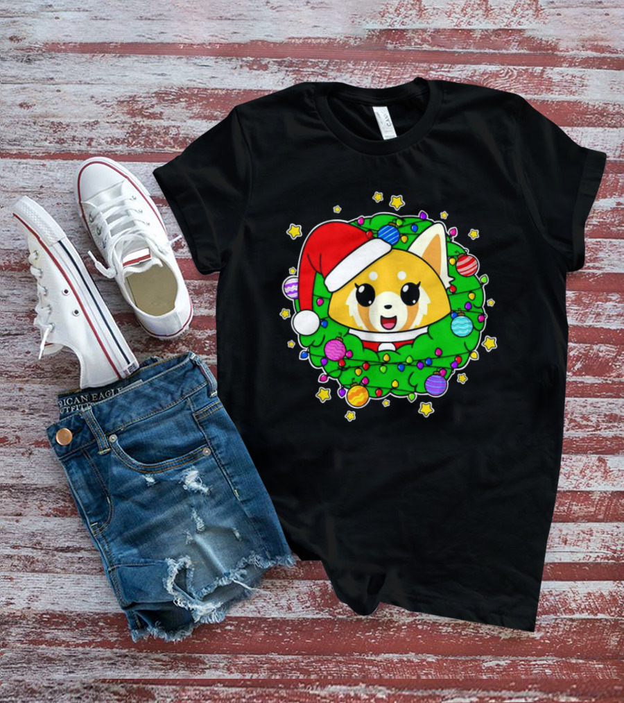 Aggressively Merry Christmas Kawaii Red Panda With Santa Hat In Holiday Wreath T-Shirt