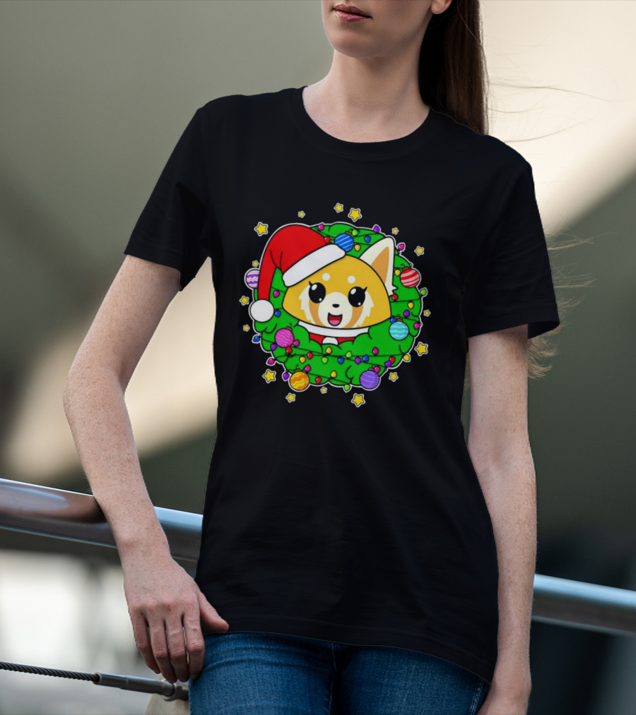 Aggressively Merry Christmas Kawaii Red Panda With Santa Hat In Holiday Wreath T-Shirt