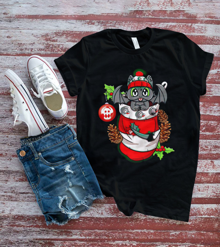 Baby Dragon Holiday Stocking With Skull Ornament And Pinecones T-Shirt