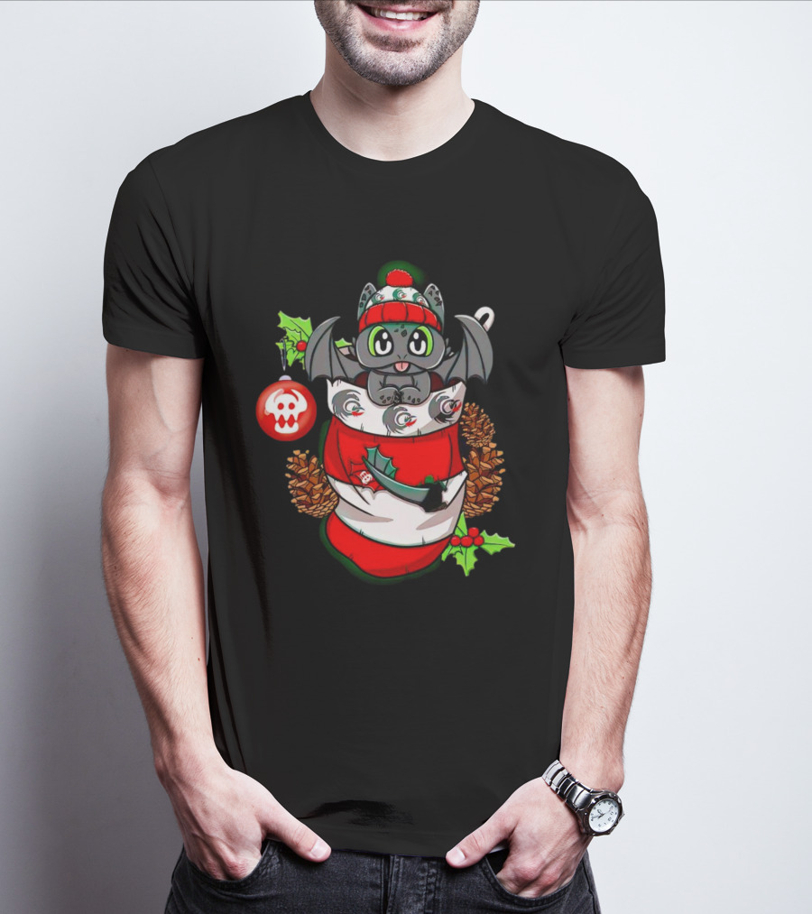 Baby Dragon Holiday Stocking With Skull Ornament And Pinecones T-Shirt