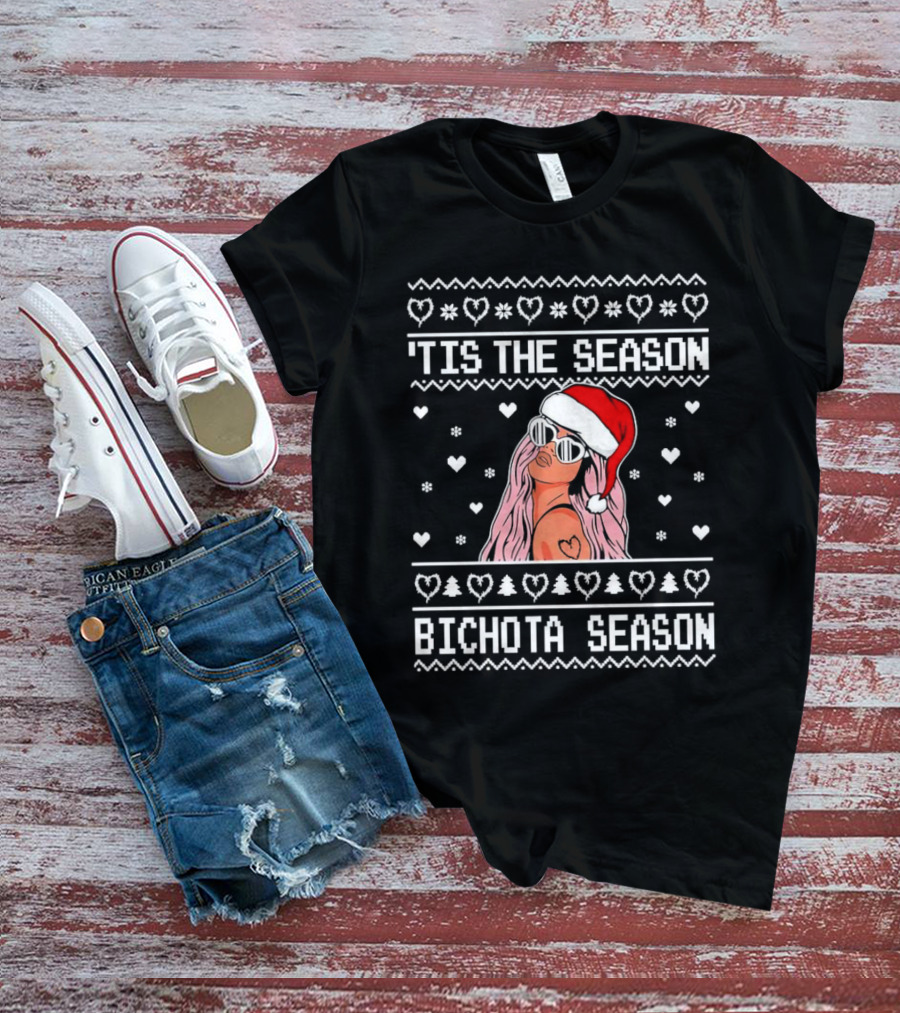 Bichota Season 'Tis The Season Christmas Santa Hat Hearts And Snowflakes T-Shirt