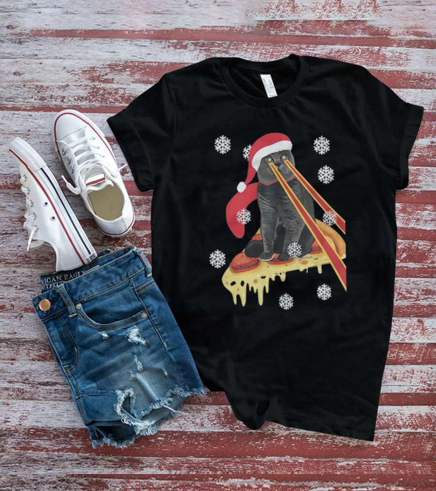 The Guardians Of The Galaxy Drax Cat Pizza Laser Eyes Santa Hat Christmas Snowflakes T-Shirt