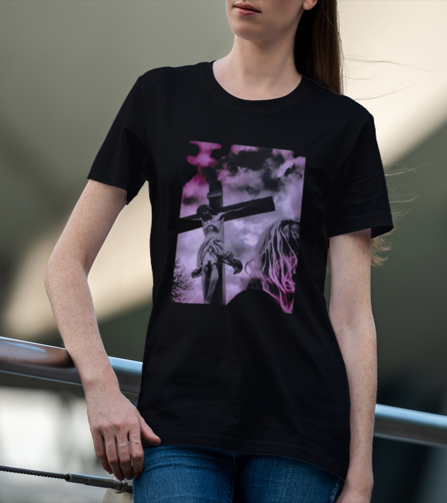 Zakk Wylde Jesus Crucifixion Image With Dark Sky And Blonde Hair Motif T-Shirt