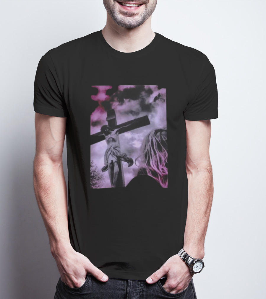Zakk Wylde Jesus Crucifixion Image With Dark Sky And Blonde Hair Motif T-Shirt