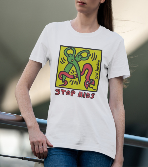 Keith Haring Stop Aids Scissors Cutting Snake T-Shirt