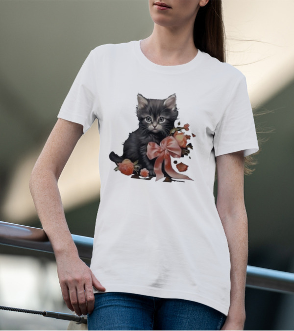 Kimchi And Miso Cute Cat With Bow And Flowers T-Shirt