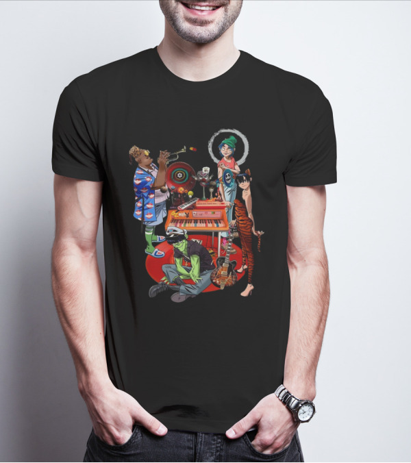 Gorillaz Song Machine Band Characters Keyboard And Trombone T-Shirt