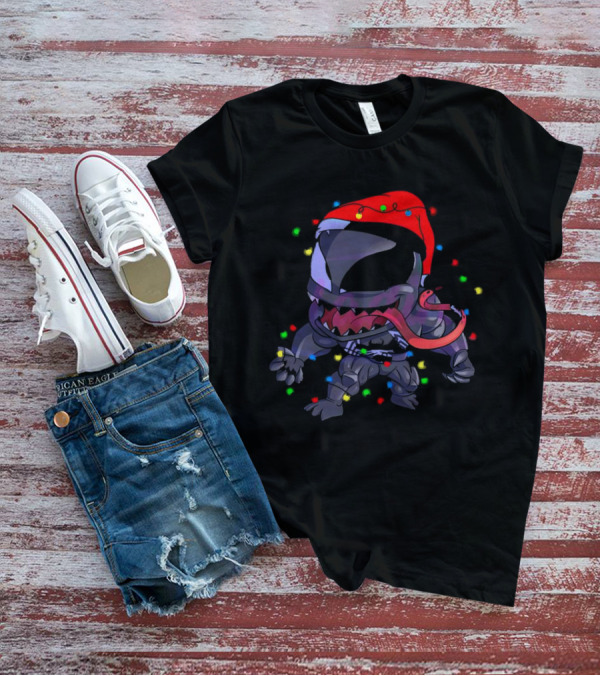 Venom Spiderman Marvel Christmas Lights Santa Hat T-Shirt