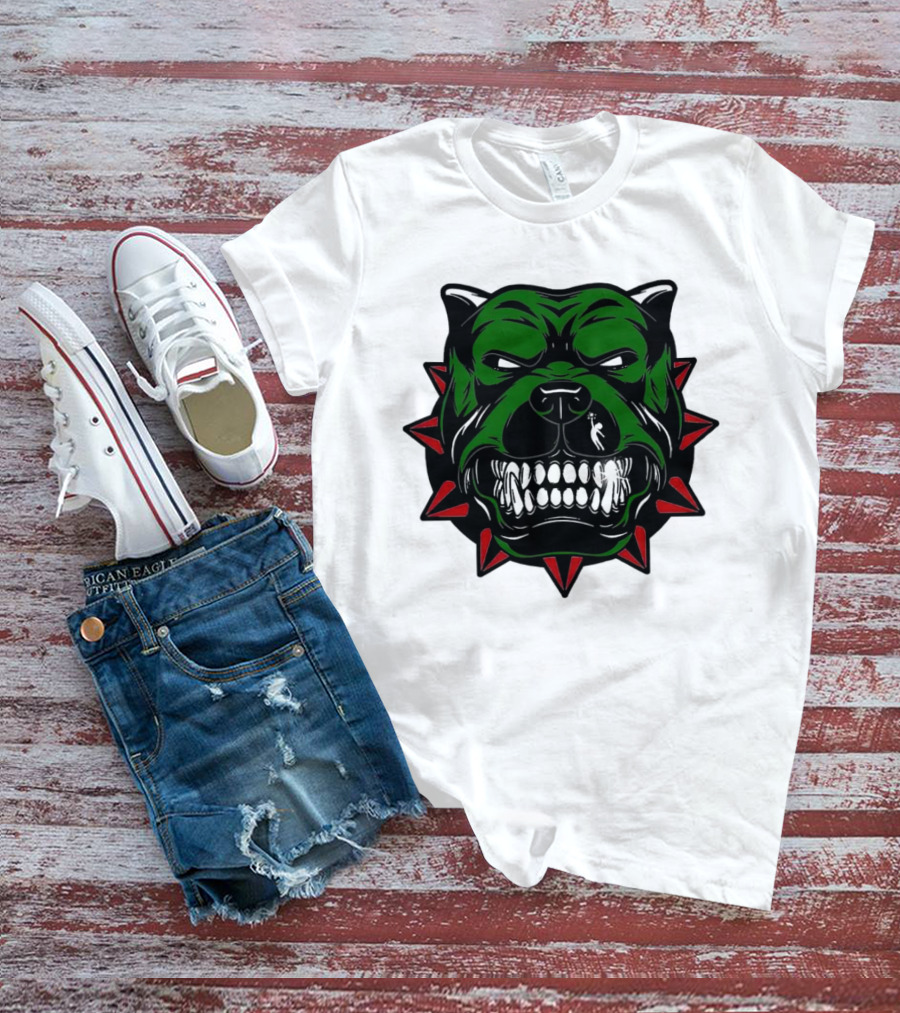 Angry Pitbull With Green Face And Red Spiked Collar Merry Christmas T-Shirt