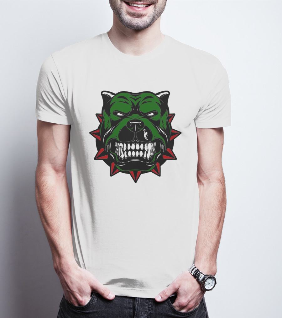 Angry Pitbull With Green Face And Red Spiked Collar Merry Christmas T-Shirt