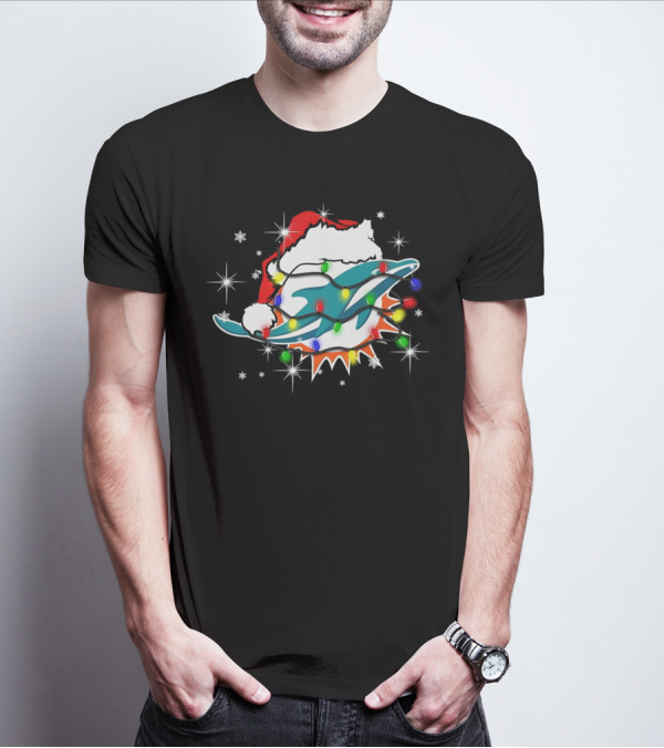 Miami Dolphins Santa Hat Christmas Lights Snowflakes T-Shirt