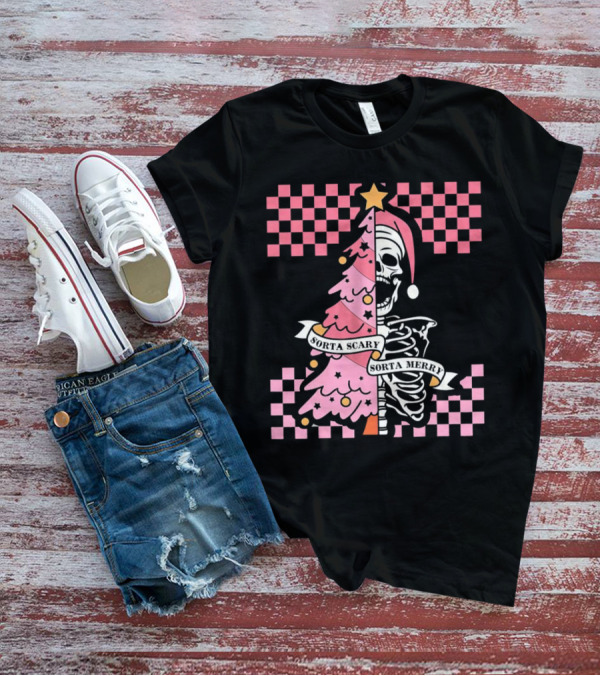 Skeleton Sorta Scary Sorta Merry Christmas Tree Split T-Shirt