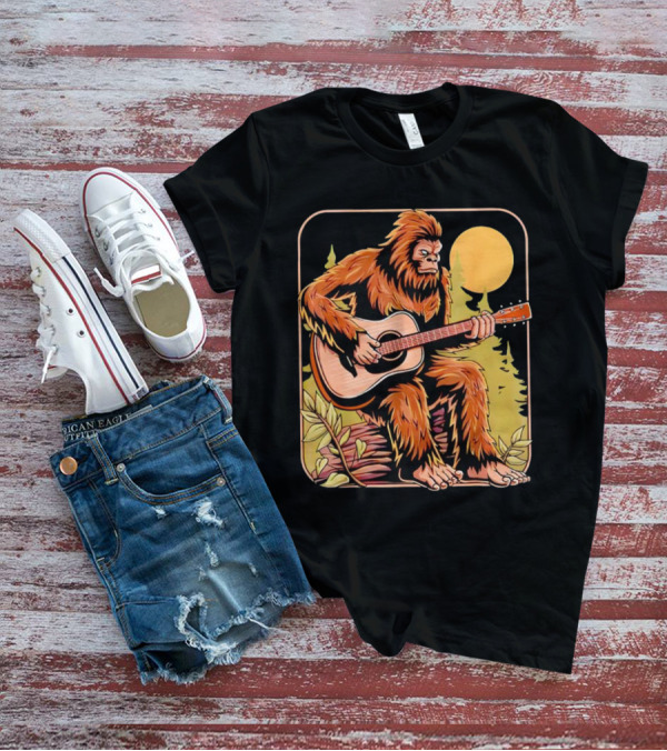 Bigfoot Playing Acoustic Guitar In Forest Scene T-Shirt