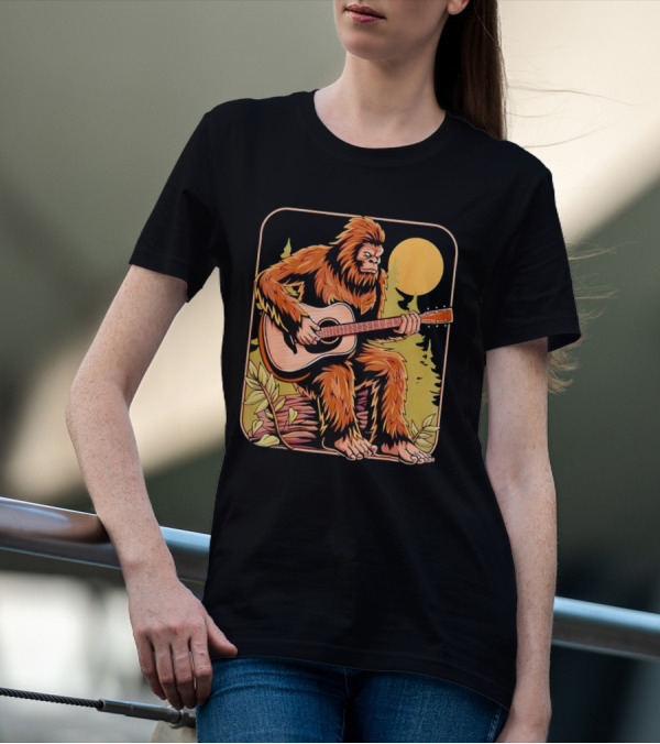 Bigfoot Playing Acoustic Guitar In Forest Scene T-Shirt