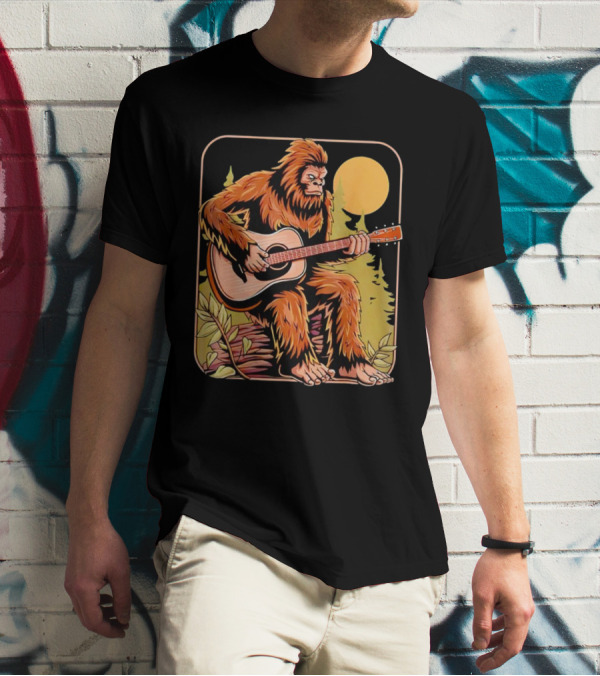 Bigfoot Playing Acoustic Guitar In Forest Scene T-Shirt