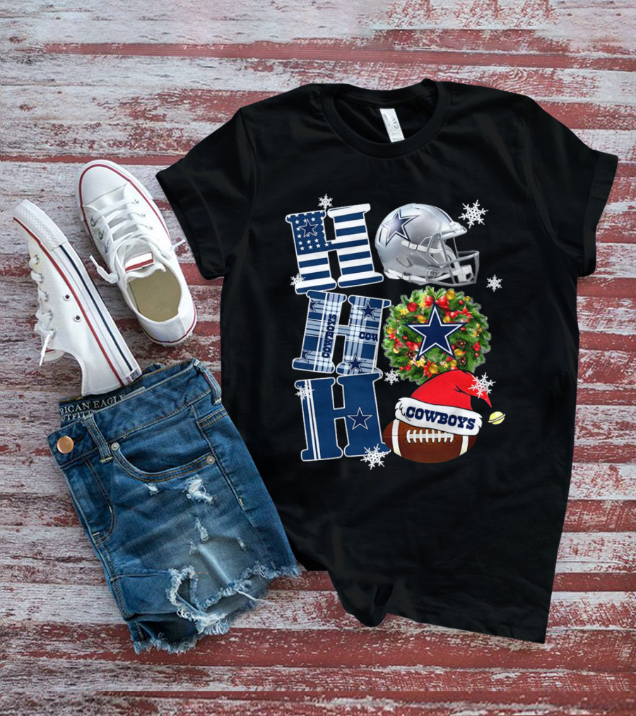 Dallas Cowboys NFL Ho Ho Ho Christmas Football Helmet Wreath Santa Hat T-Shirt