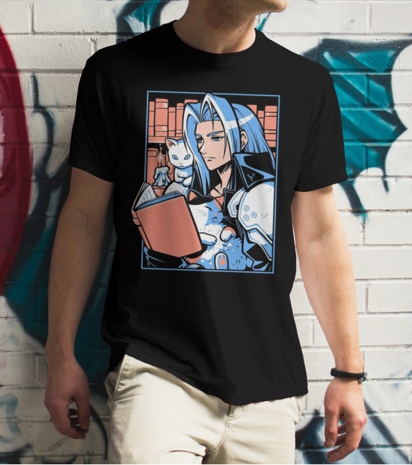 Sephiroth Reading In Basement Library With Cats And Books T-Shirt