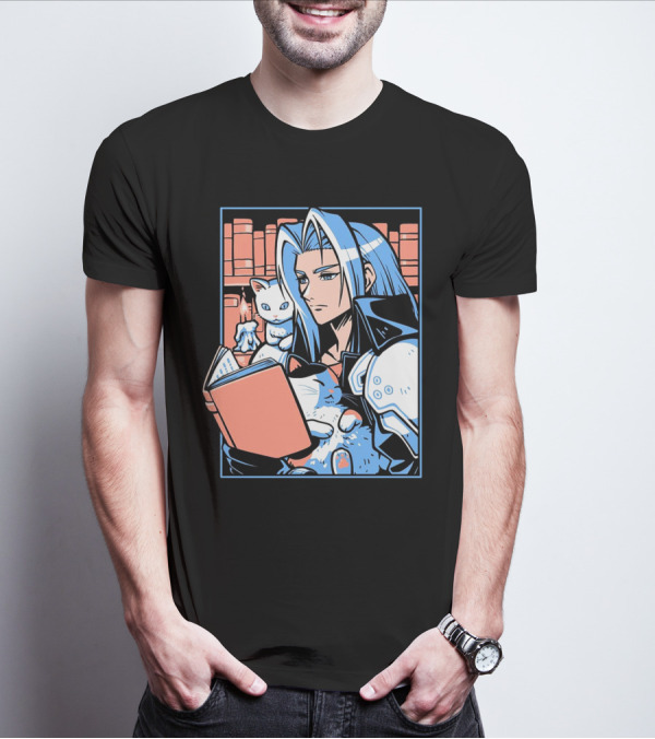 Sephiroth Reading In Basement Library With Cats And Books T-Shirt