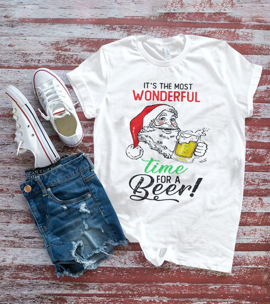 It's The Most Wonderful Time For A Beer Santa Drinking Xmas T-Shirt