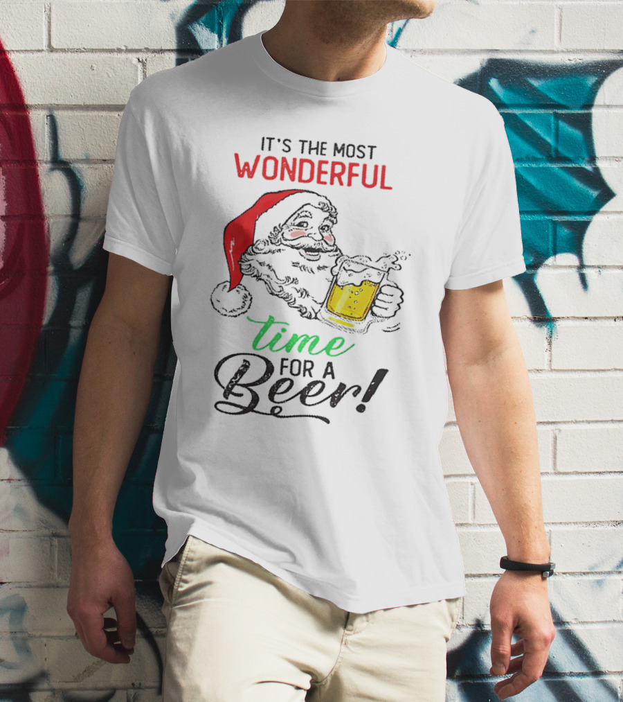 It's The Most Wonderful Time For A Beer Santa Drinking Xmas T-Shirt