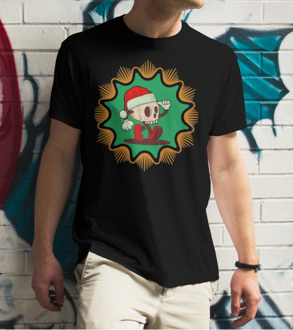 Skull Santa In Vintage Christmas Hat Badge T-Shirt
