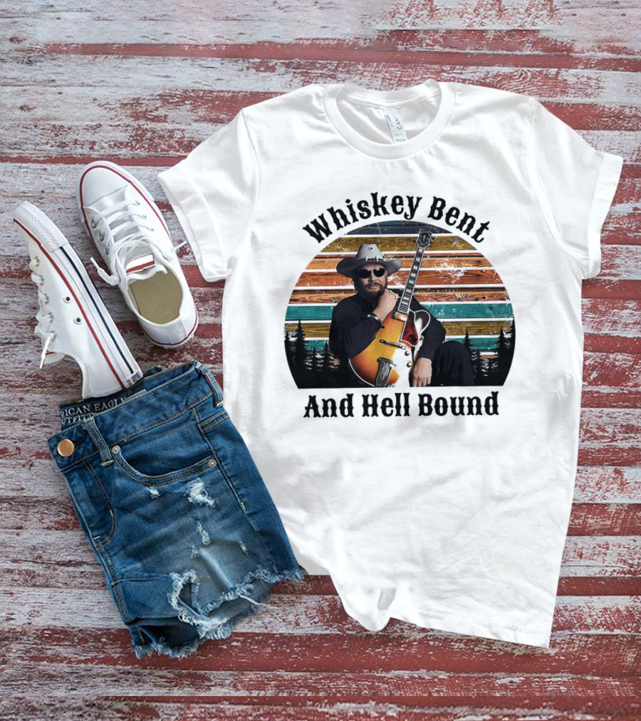 Whiskey Bent And Hell Bound Cowboy With Guitar Retro Sunset T-Shirt
