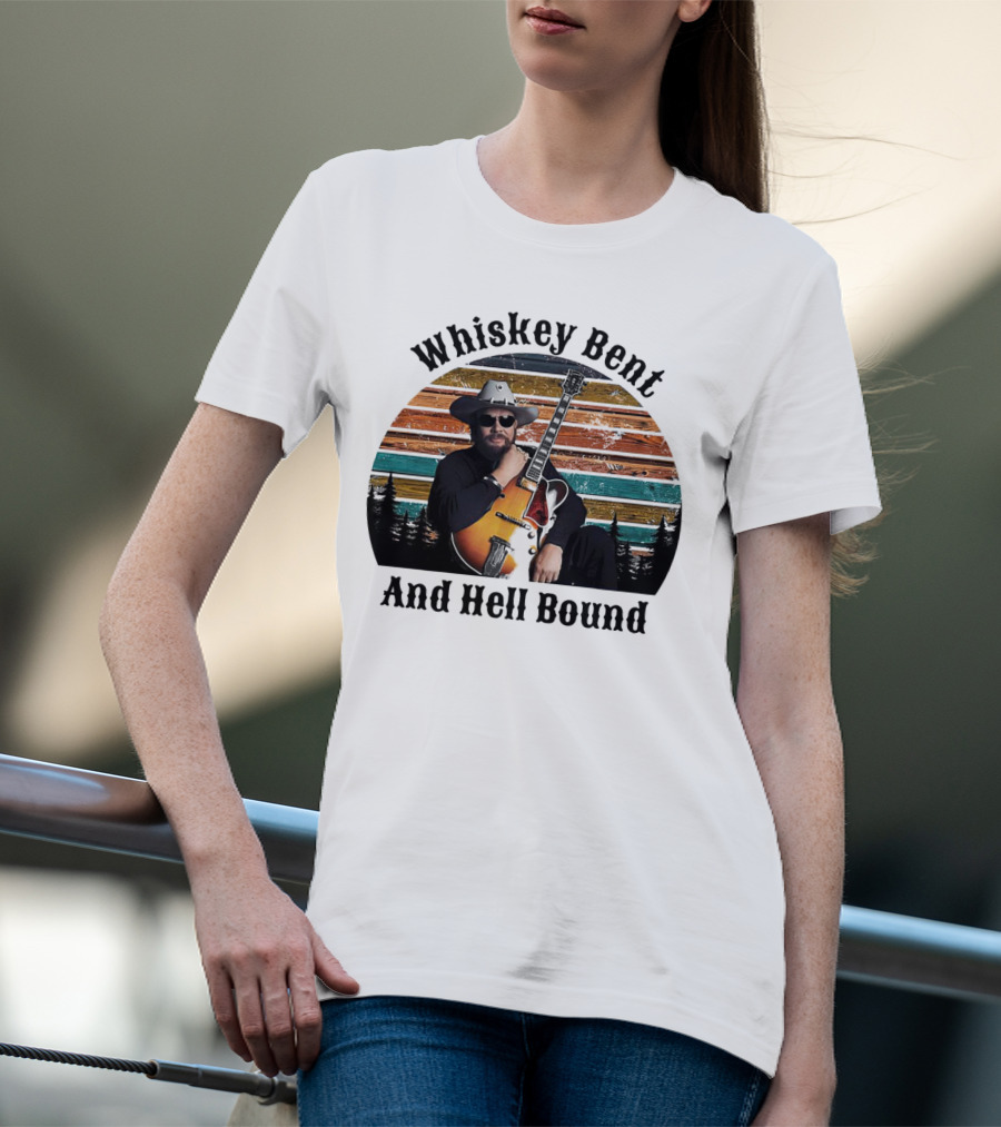 Whiskey Bent And Hell Bound Cowboy With Guitar Retro Sunset T-Shirt