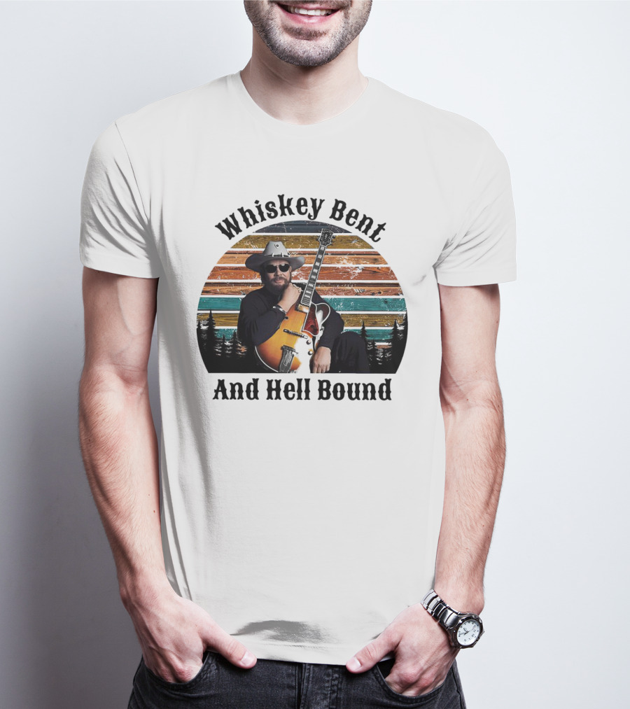 Whiskey Bent And Hell Bound Cowboy With Guitar Retro Sunset T-Shirt