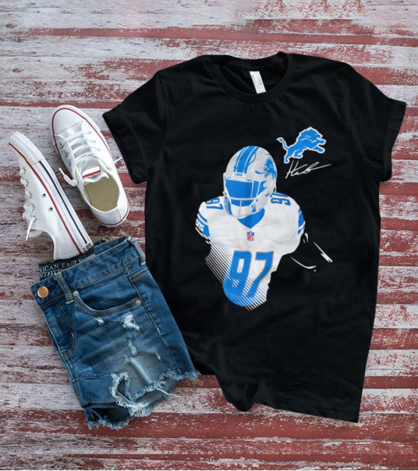 Aidan Hutchinson Detroit Lions Player Signature 97 NFL Logo Lions Helmet T-Shirt