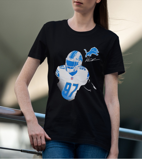 Aidan Hutchinson Detroit Lions Player Signature 97 NFL Logo Lions Helmet T-Shirt
