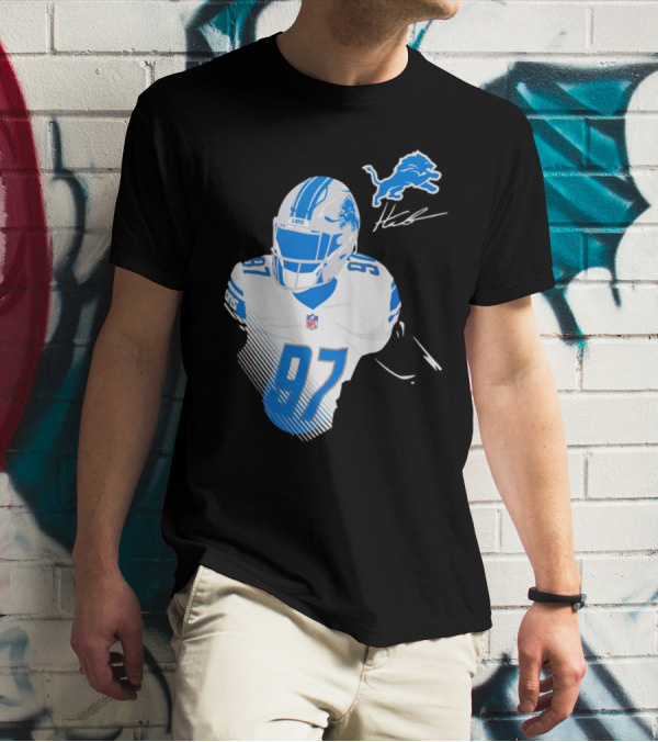 Aidan Hutchinson Detroit Lions Player Signature 97 NFL Logo Lions Helmet T-Shirt