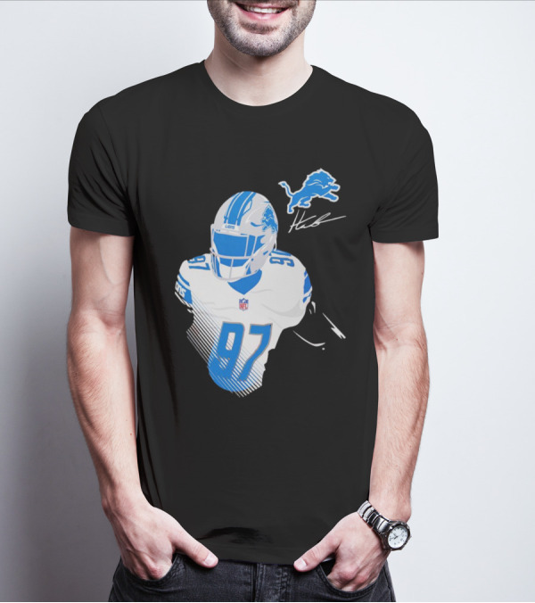 Aidan Hutchinson Detroit Lions Player Signature 97 NFL Logo Lions Helmet T-Shirt