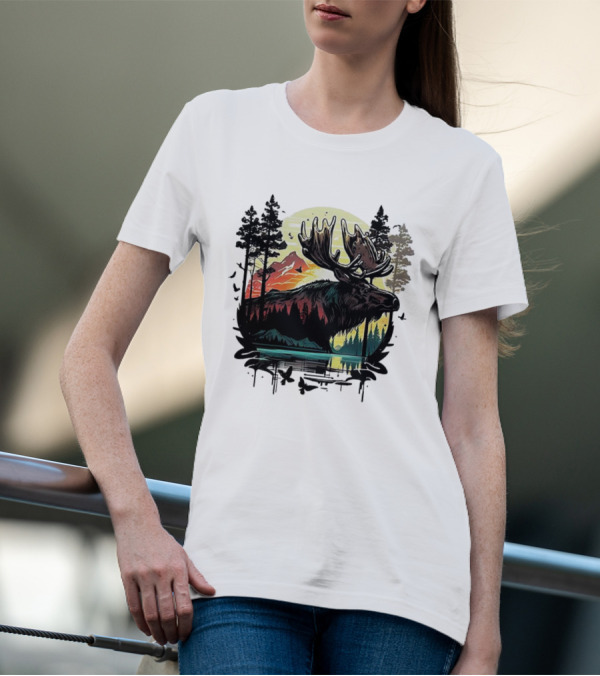 Moose In The Forest With Sunset And Mountain Landscape T-Shirt