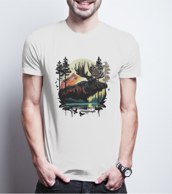 Moose In The Forest With Sunset And Mountain Landscape T-Shirt