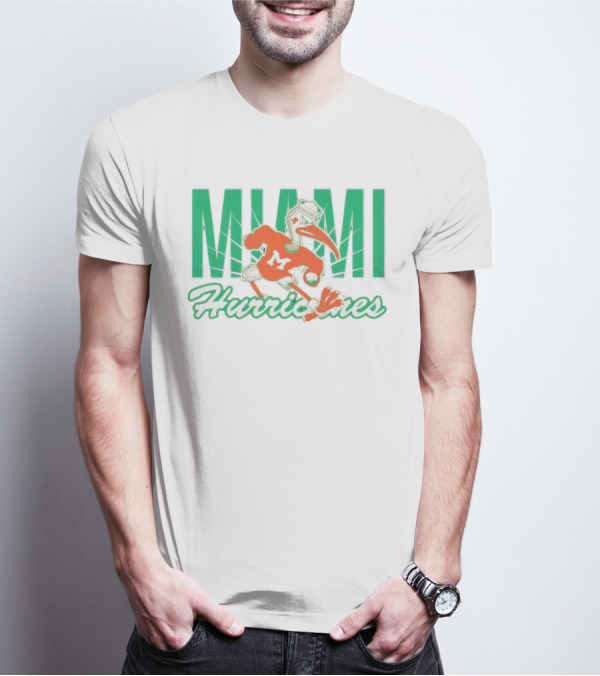Miami Hurricanes Sebastian The Ibis Mascot With Bold Lettering T-Shirt
