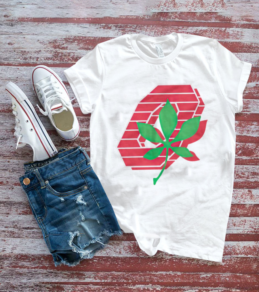 Ohio State Buckeyes Scarlet And Gray O With Green Leaf Emblem T-Shirt