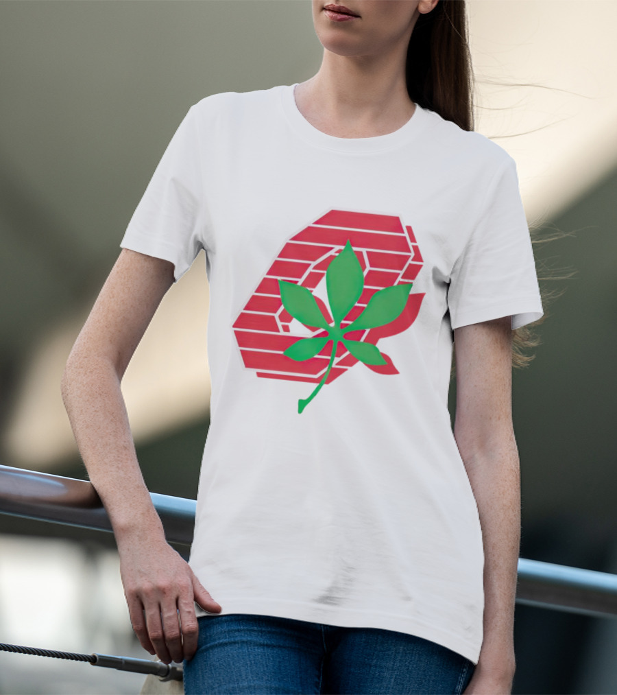 Ohio State Buckeyes Scarlet And Gray O With Green Leaf Emblem T-Shirt