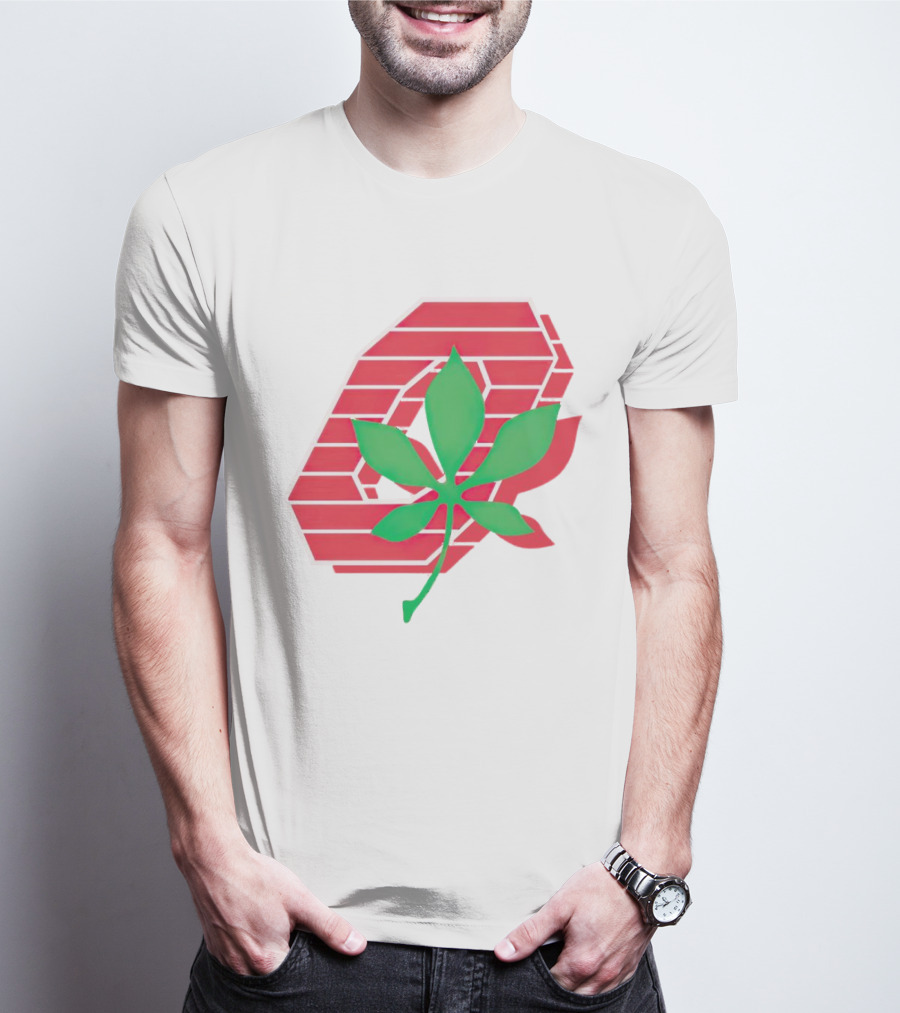Ohio State Buckeyes Scarlet And Gray O With Green Leaf Emblem T-Shirt