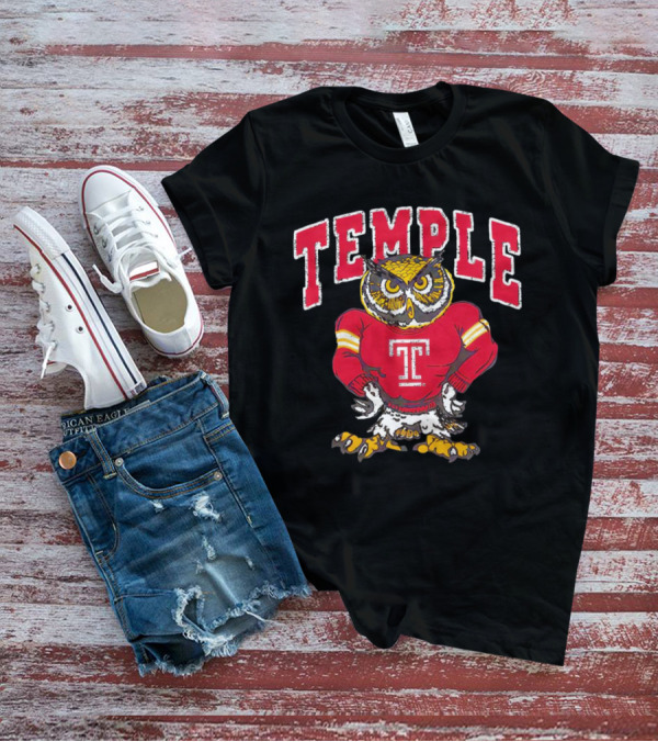 Temple Owls Football Mascot In Red Jersey With Bold Temple Text T-Shirt