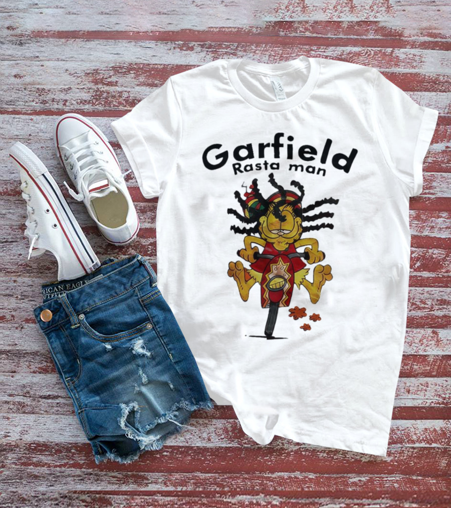 Garfield Rasta Man Dreadlocks Bicycle Whimsical Fun T-Shirt
