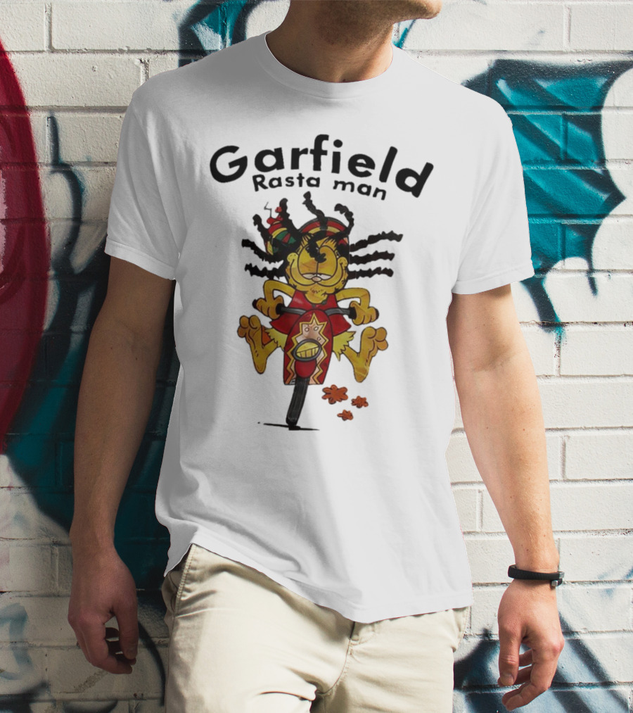 Garfield Rasta Man Dreadlocks Bicycle Whimsical Fun T-Shirt
