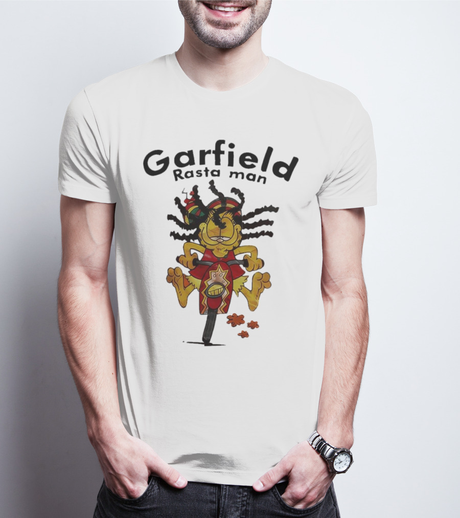 Garfield Rasta Man Dreadlocks Bicycle Whimsical Fun T-Shirt