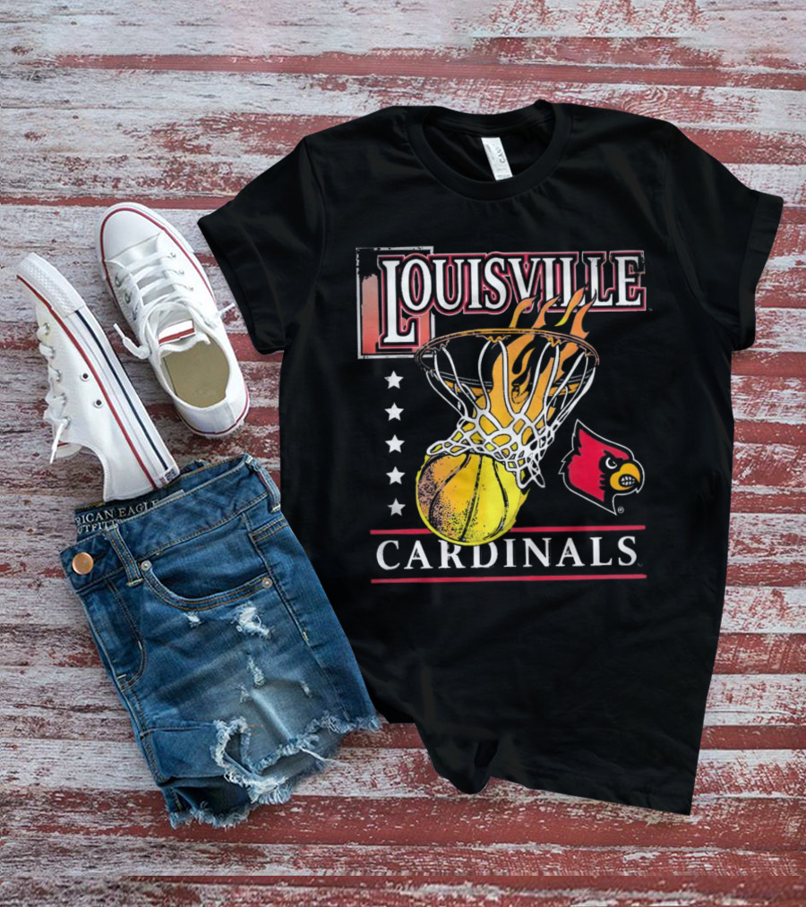 Louisville Cardinals Flaming Basketball Hoop T-Shirt