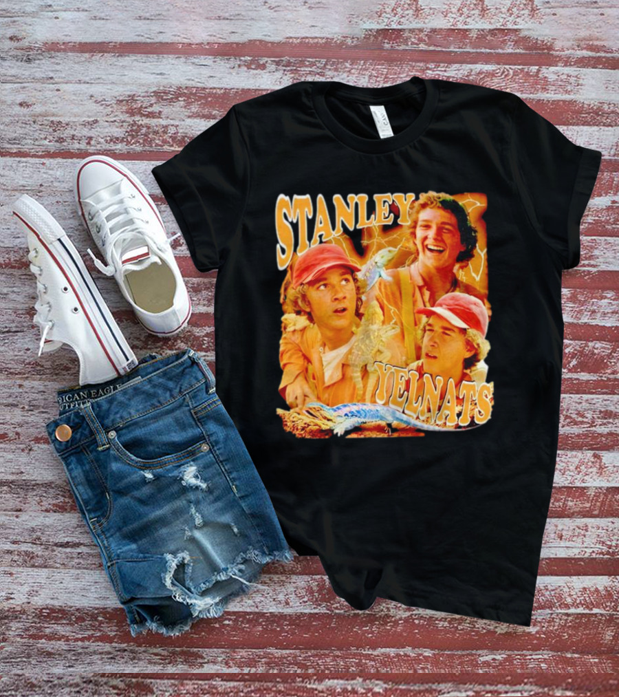 Stanley Yelnats Character Collage With Orange Background And Lizard T-Shirt
