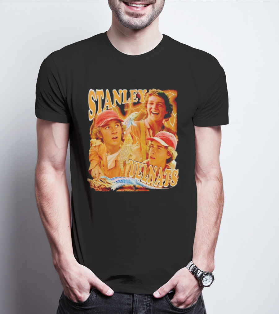 Stanley Yelnats Character Collage With Orange Background And Lizard T-Shirt