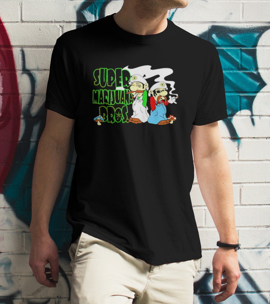Super Marijuana Bros Weed Parody With Smoking Characters And Mushrooms T-Shirt