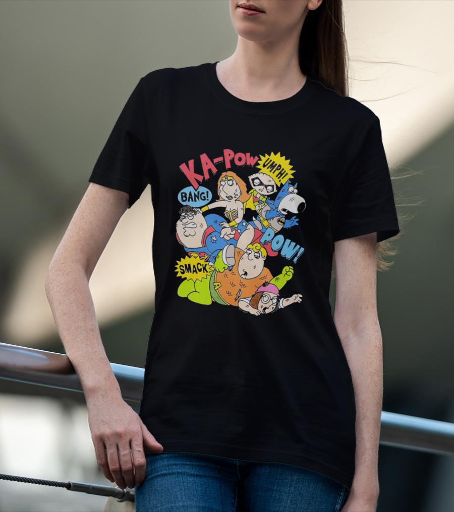 Family Guy Superhero Stewie Brian Peter Lois Chris Meg Ka-Pow Bam Pow Smack Bang T-Shirt