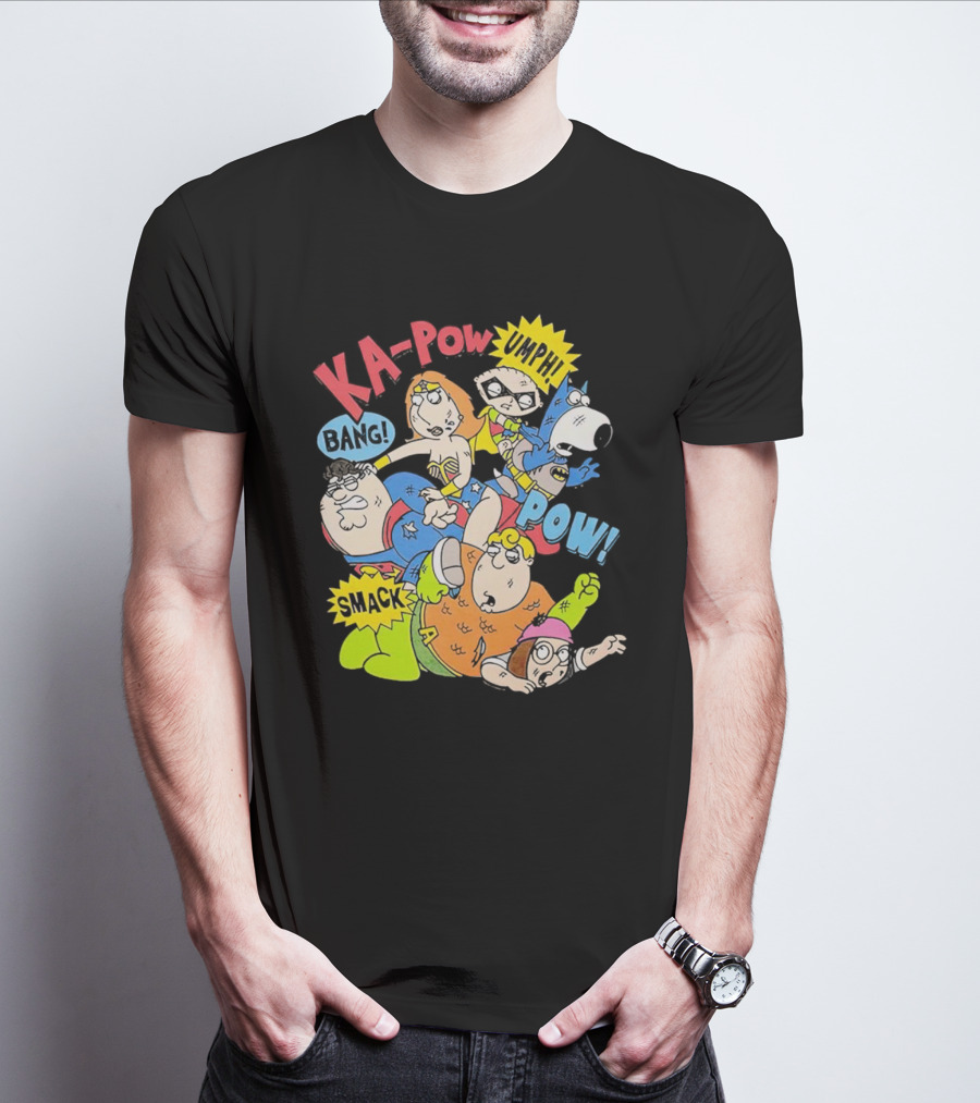 Family Guy Superhero Stewie Brian Peter Lois Chris Meg Ka-Pow Bam Pow Smack Bang T-Shirt
